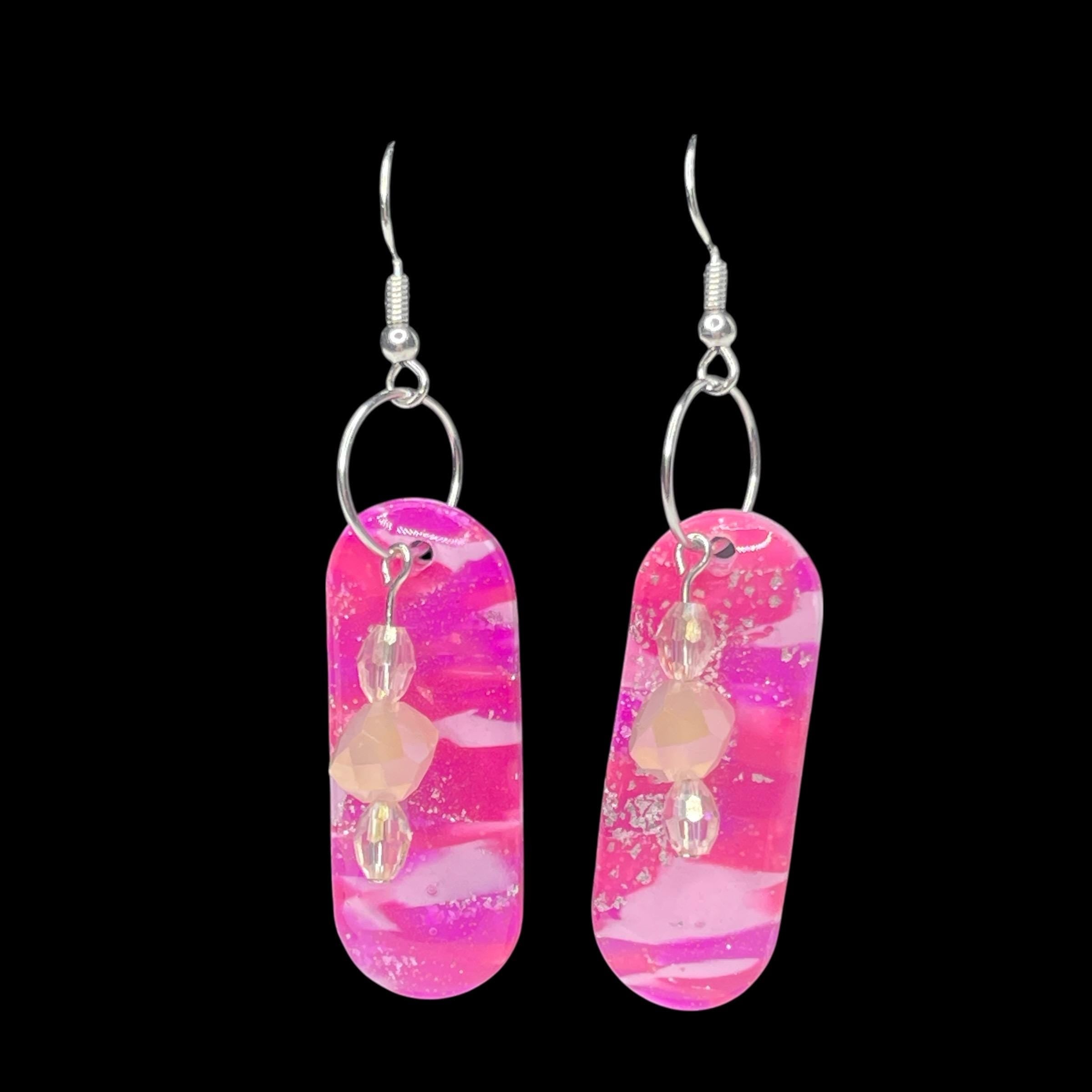 Pink Polymer Clay Dangle Earrings, Glass Bead Accents