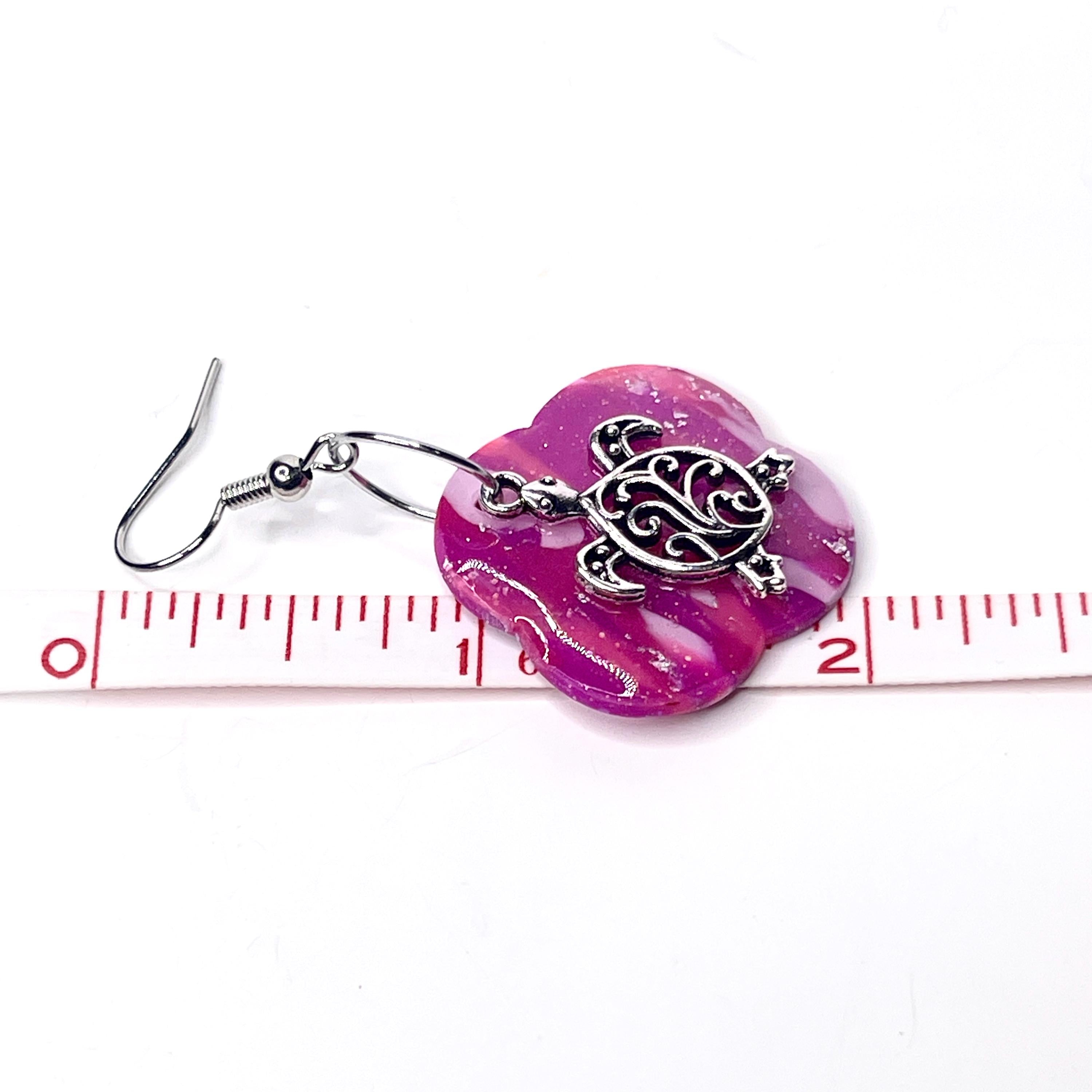 Pink Marbled Polymer Clay Dangle Earrings with Silver Sea Turtle Charm