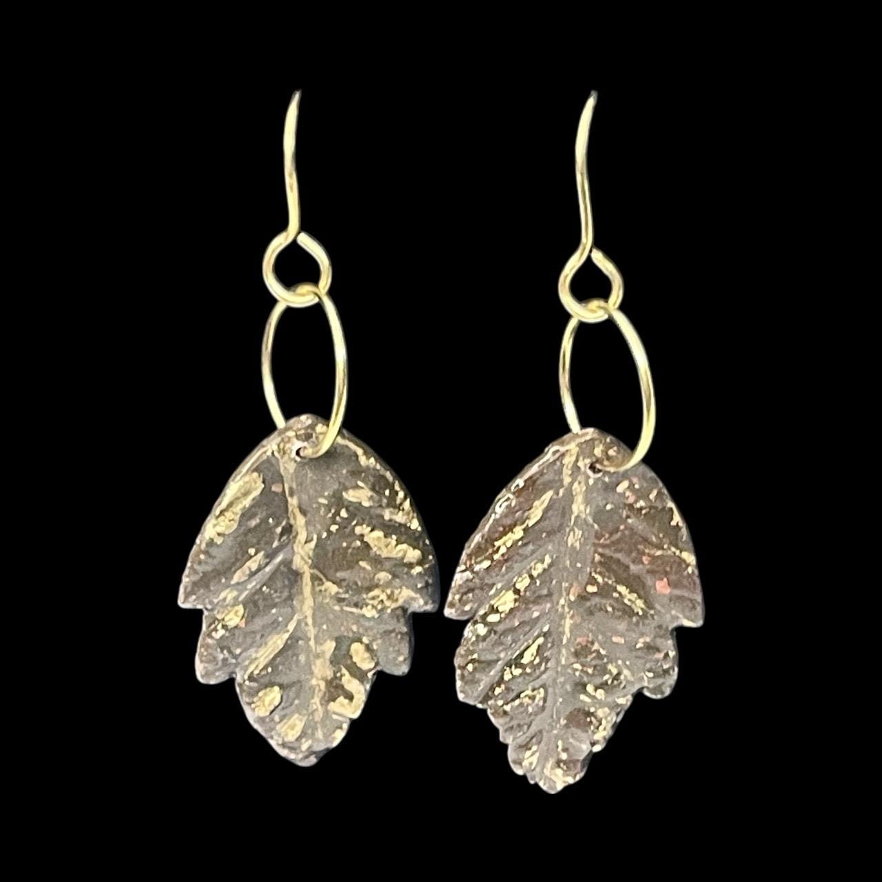 Brown & Gold Leaf Earrings | Handmade Polymer Clay Dangle Earrings | Lightweight Nature-Inspired Jewelry