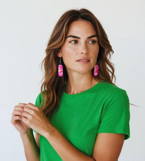 Pink Polymer Clay Dangle Earrings, Glass Bead Accents