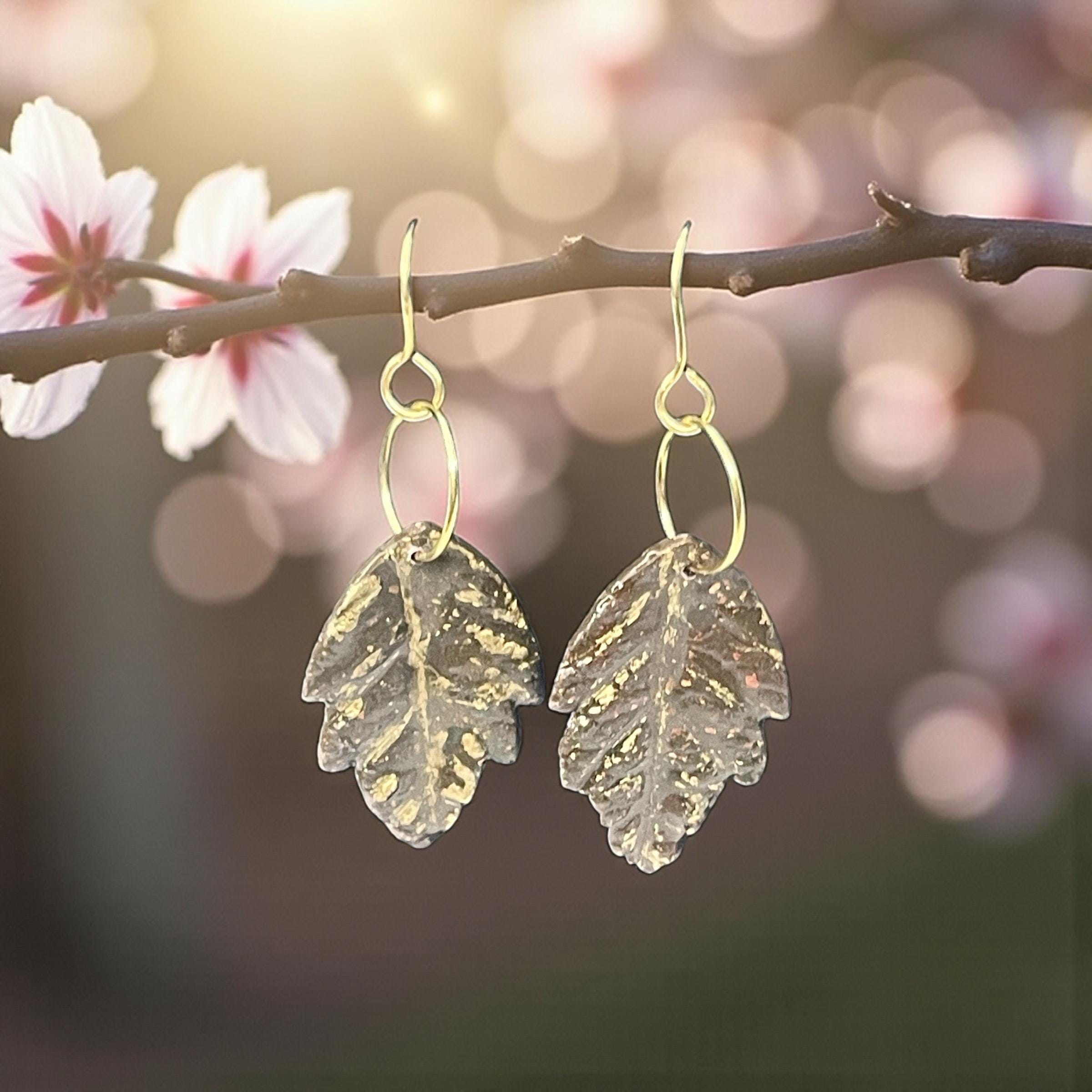 Brown & Gold Leaf Earrings | Handmade Polymer Clay Dangle Earrings | Lightweight Nature-Inspired Jewelry