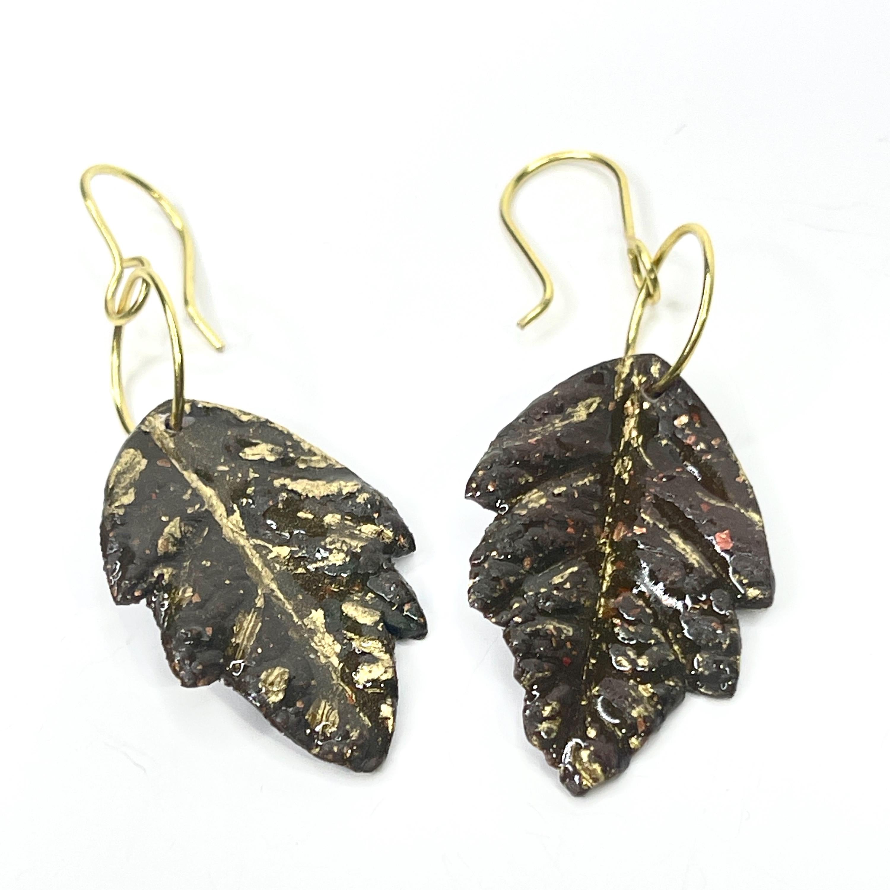 Brown & Gold Leaf Earrings | Handmade Polymer Clay Dangle Earrings | Lightweight Nature-Inspired Jewelry
