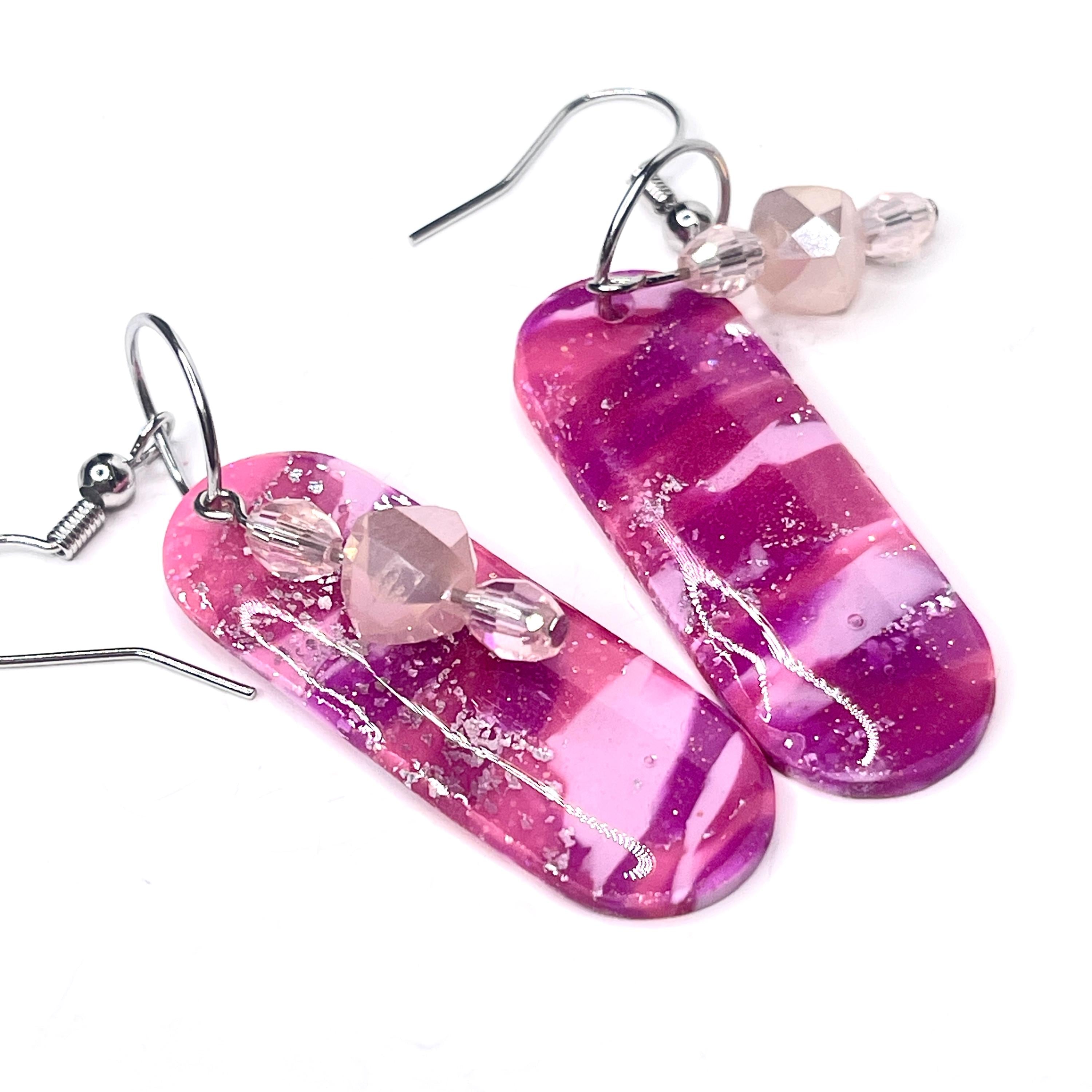 Pink Polymer Clay Dangle Earrings, Glass Bead Accents