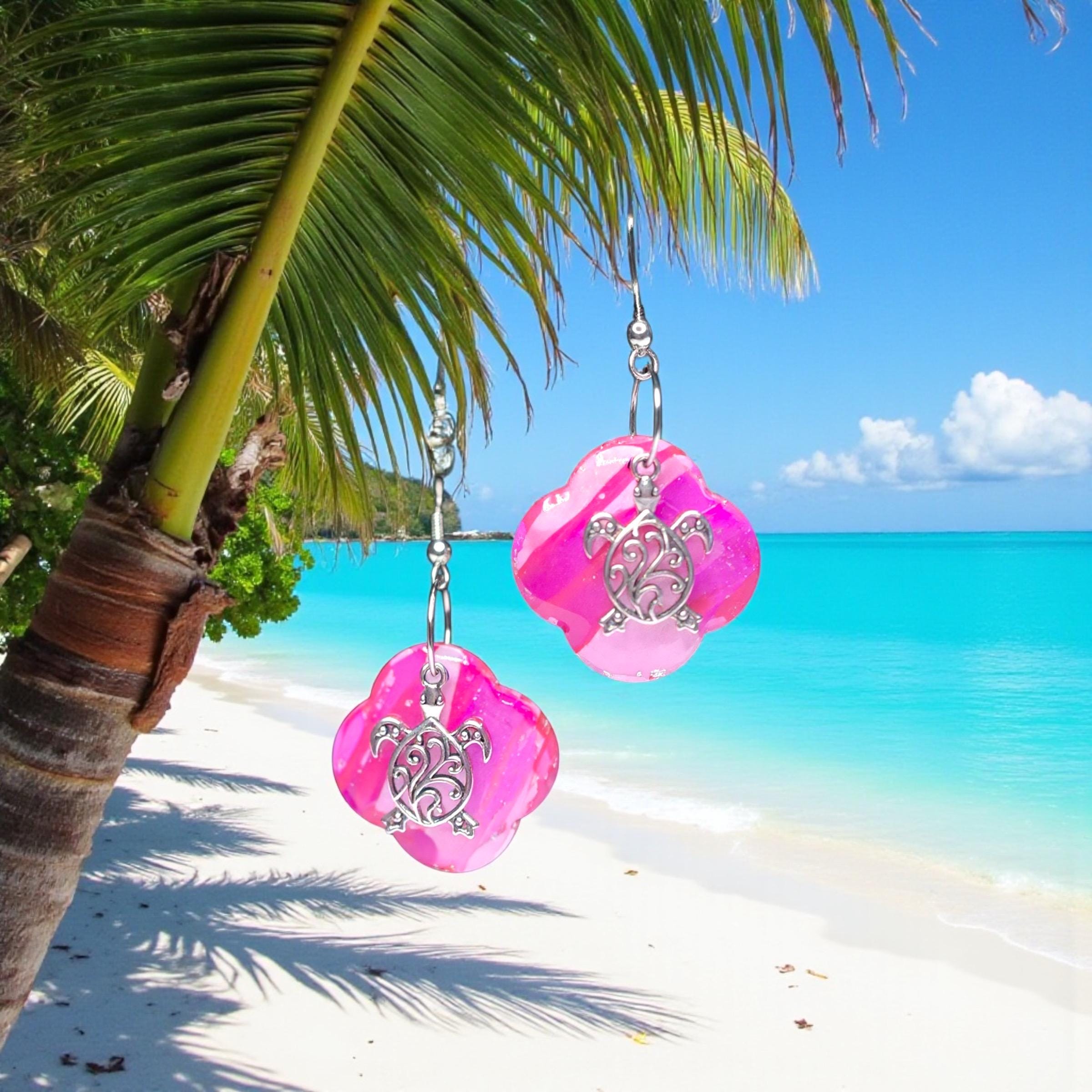 Pink Marbled Polymer Clay Dangle Earrings with Silver Sea Turtle Charm