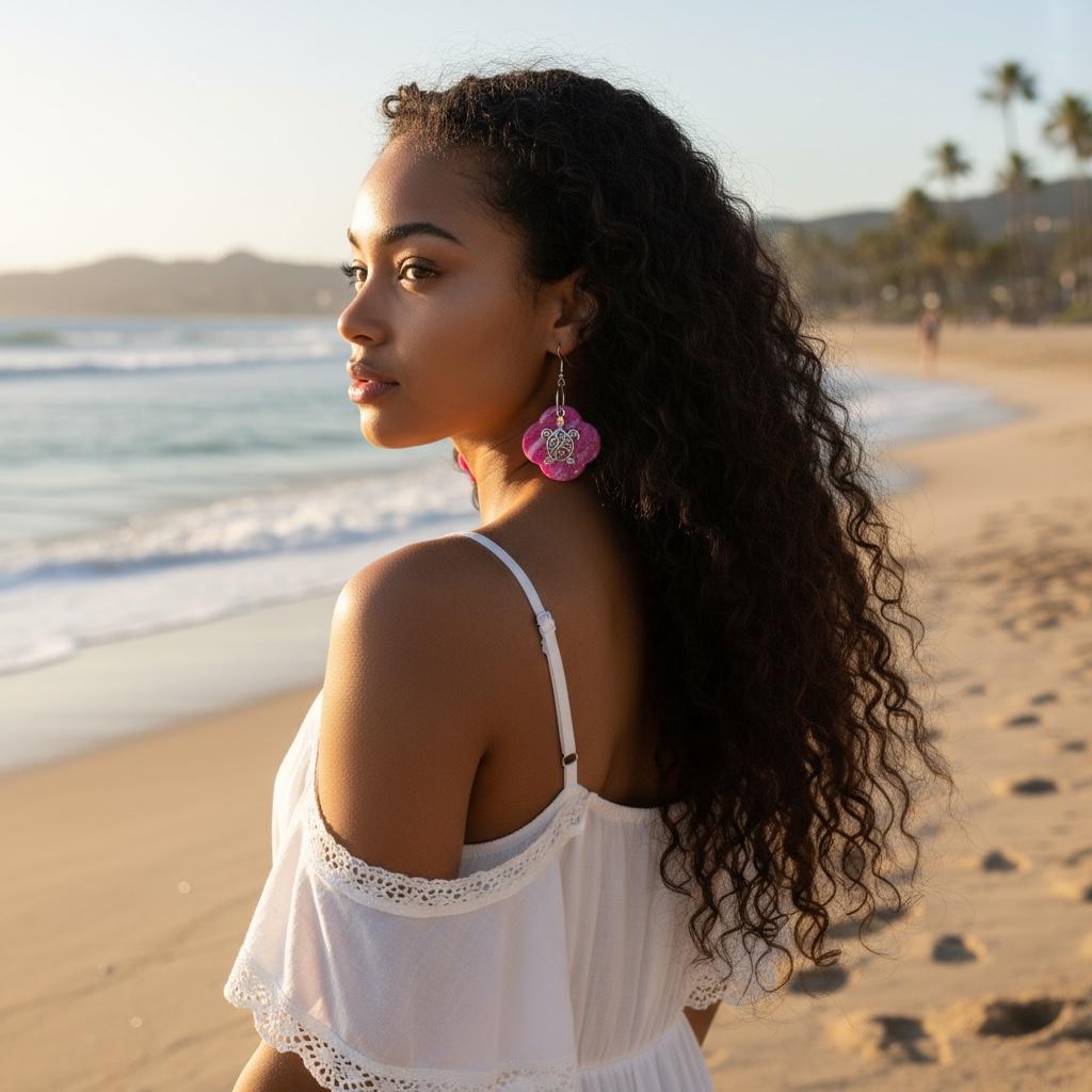Pink Marbled Polymer Clay Dangle Earrings with Silver Sea Turtle Charm